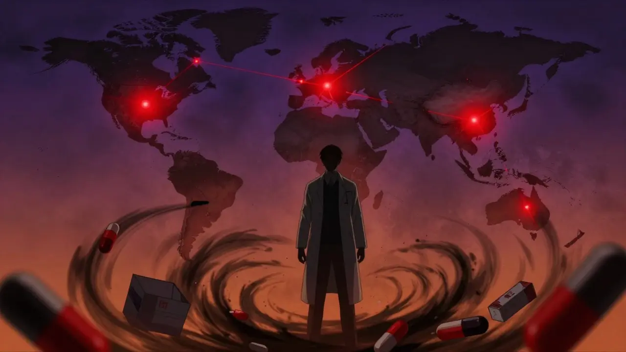 Silhouette of a pharmacist standing before a global map of supply chain risks