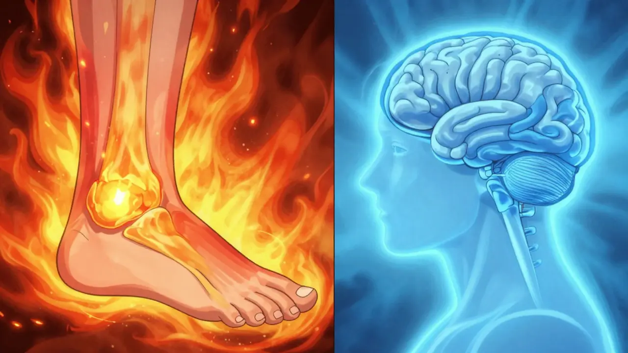 Split view showing red inflammation energy around an ankle and blue calm energy around the brain