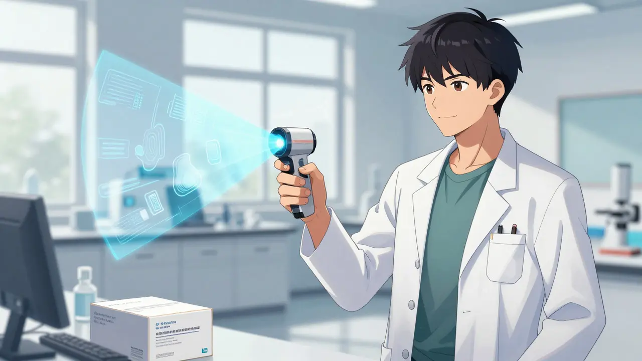 Student using a handheld scanner to verify medication authenticity in a lab