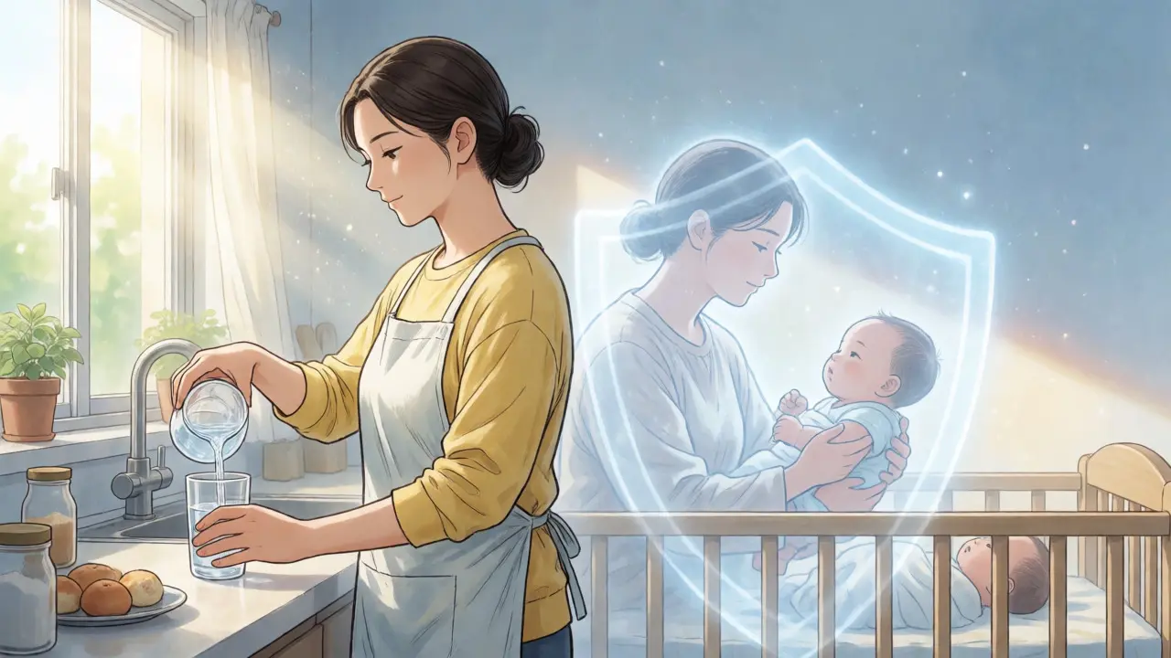 Confident mother taking medication safely while baby sleeps nearby