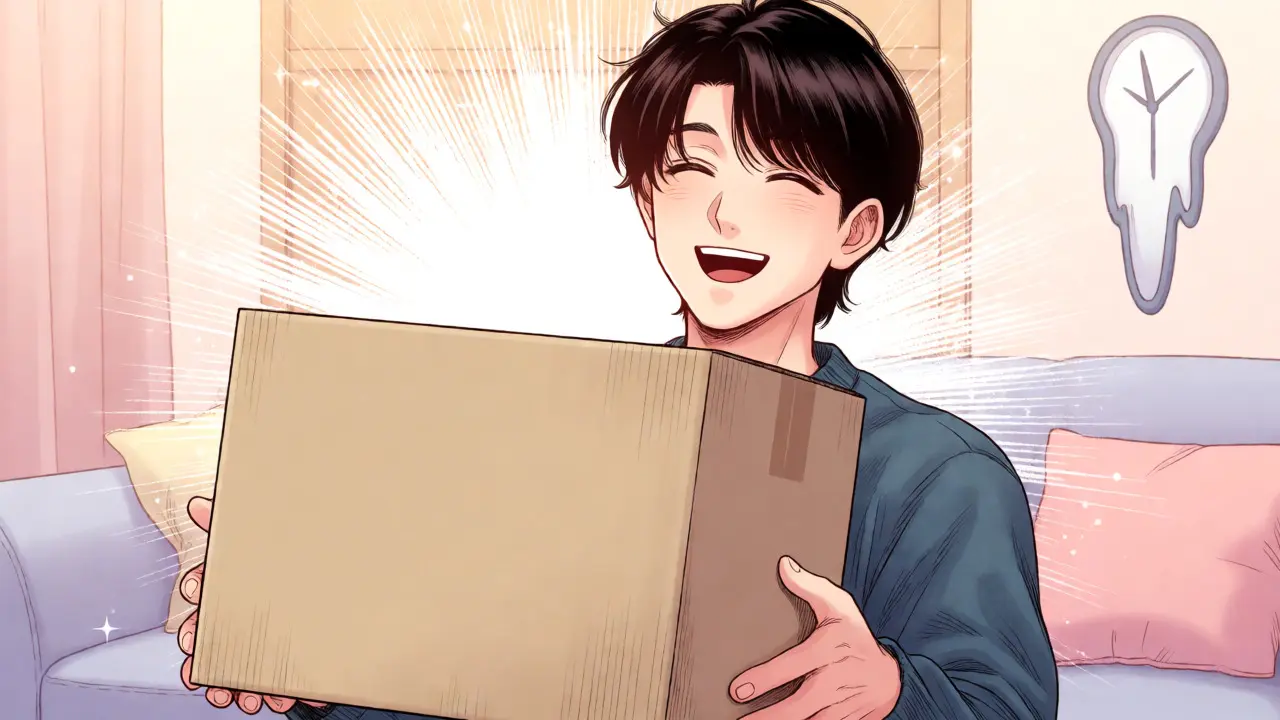 Happy person receiving a mail-order medication package at home.